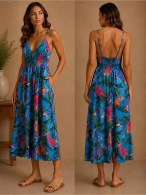Blue Tropical-Print Midi Sundress with Spaghetti Straps